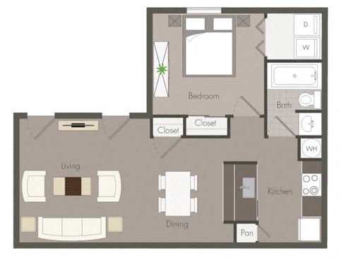 Floor plan for 1 bed, 1 bath, 669 sqft